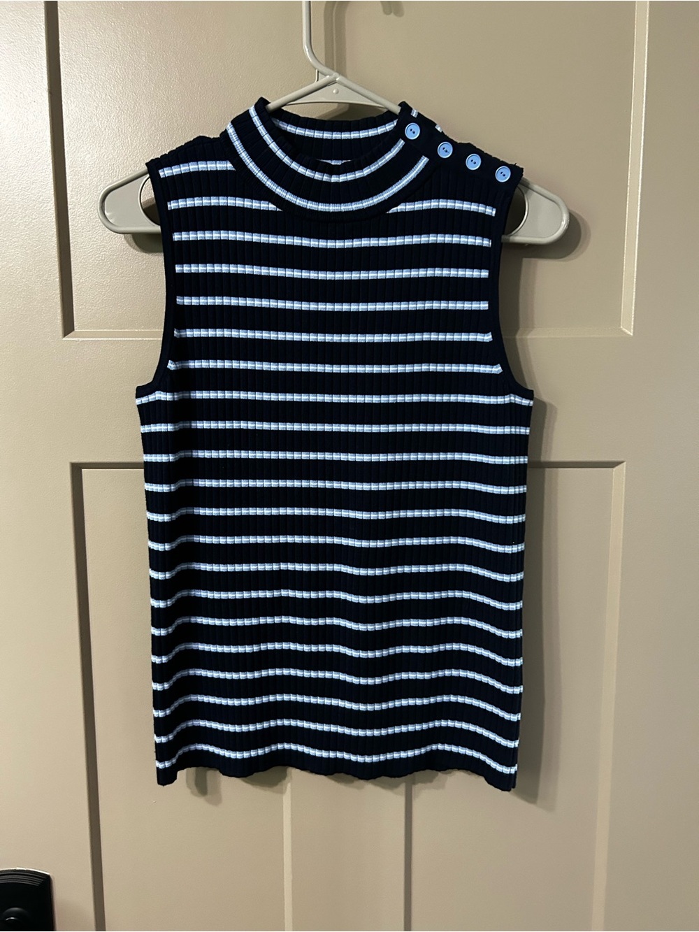 Talbots Navy Blue white Striped Ribbed Tank with Shoulder Buttons